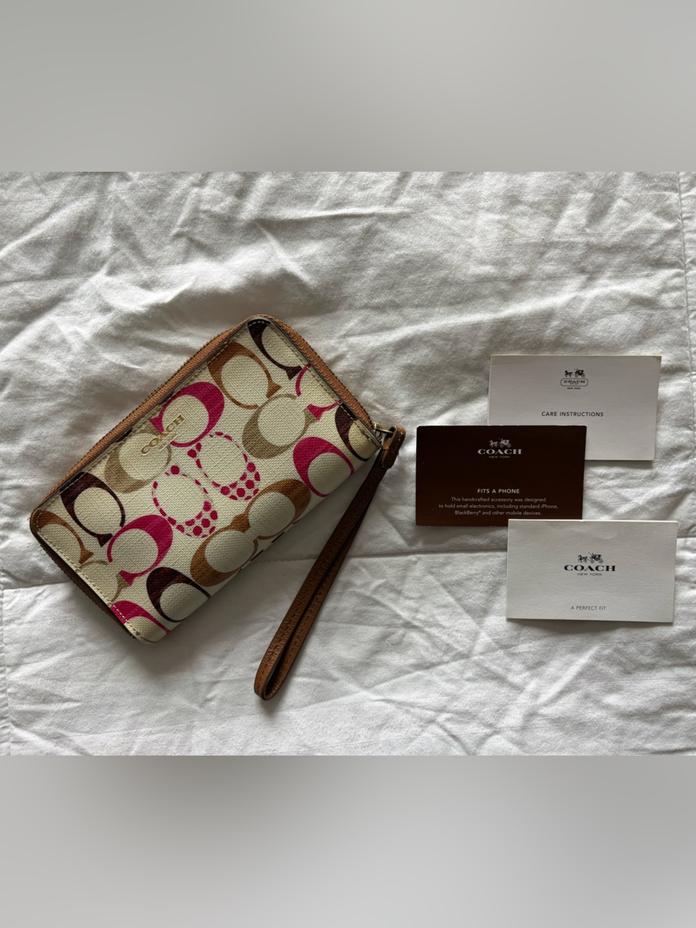 Coach Canvas Zip Wristlet Wallet in Cream, Brown & Pink